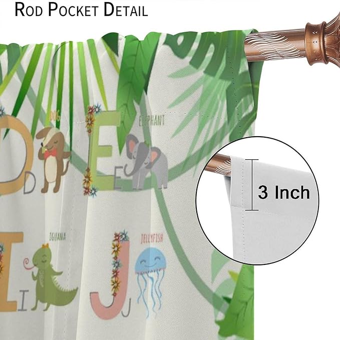 Kids Animal Alphabet Curtain Tropical Plant Alphabet Educational Printed Rod Pocket Blackout Window Drapes for Bedroom Living Room Nursery School 42" W X 54" L