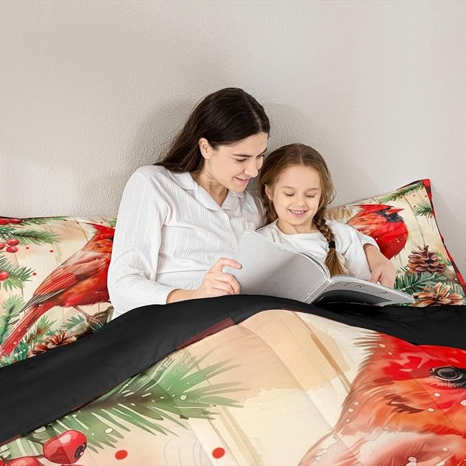 jejeloiu Kids Red Cardinal Comforter Set Queen Size Christmas Red Black Plaid Bedding Set for Boys Girls Teens Xmas Birds Winter Rustic Wood Plank Animal Duvet Quilt Room Decor