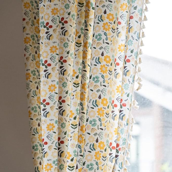 ENJOYBRIDAL Floral Curtains 84 Inch Length 2 Panels Tassel Boho Semi-Sheer Drapes Bedroom Living Room Farmhouse Rustic Country Yellow Green Flower Rod Pocket Cotton Linen Blend Window Curtain Panel