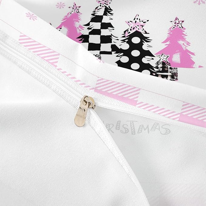 Manfei Xmas Trees Duvet Cover Set Full Size, Pink Plaid Grid Snowflake Comforter Cover with 2 Pillowcases, Christmas Theme Bedding Set for Kids Girls Room Decor New Year Bedspread Cover, No Comforter