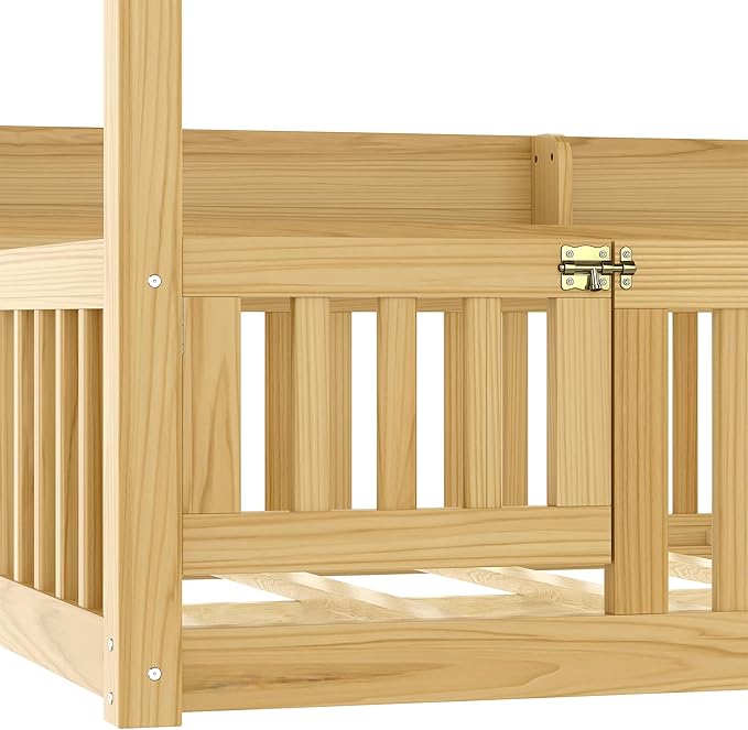 Polibi Full Size Montessori Floor Bed with Guardrails, Low Profile Solid Wood Canopy Frame with Built-in Shelves, No Box Spring Needed, for Kids & Teens, Natural