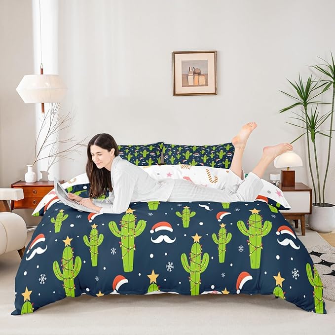 Feelyou Christmas Duvet Cover Boys Cartoon Cactus Xmas Theme Bedding Set for Kids Teens Ultra Soft Snowflake Comforter Cover Set New Year Bedspread Cover Room Decor Queen Size Bedclothes Zipper