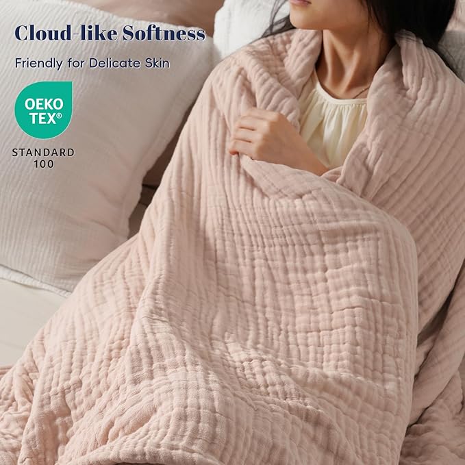 PHF Cooling Muslin Blanket King Size 104"x80", 6-Layer Lightweight Gauze Blanket Made from 35% Rayon Derived from Bamboo & 65% Cotton, Breathable & Ultra Soft Cozy, Aesthetic Home Decor, Cameo Rose