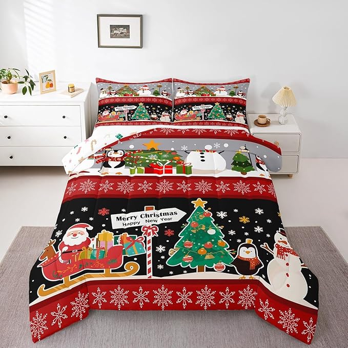 Erosebridal Christmas Tree Decor Quilts Cartoon Snowman Comforter Set for Teens Kids Boys Xmas Deer Elk Santa Claus Bedding Set for New Year Snowflake Red and Black Duvet Insert Twin Size