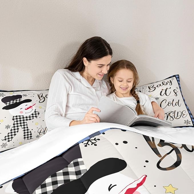 Christmas Snowman Kids Comforter Set Full Size,Snowflake Christmas Holiday Bedding Set,Girls Boys Adults Xmas Decor,Geometric Grids Lattices Down Comforter,Blue Rustic Duvet Insert,2 Pillowcases