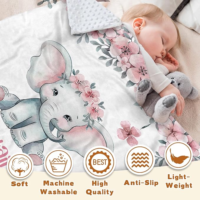 Personalized Baby Blankets for Girls Boys, Custom Elephant Baby Blanket with Name for Kids, Flannel Bed Throw Blanket for Newborn, Customized Baby Gifts for Baby Shower Nursery Blanket(47"x60)
