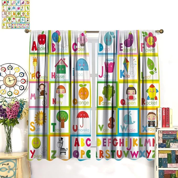 Kids Alphabet Curtains Cute Cartoon Education Learning Funny Teaching Words Curtain with Rod Pocket for Bedroom Nursery Home Decor Drapes Window Treatments 2 Panels Set 52" W X 84" L
