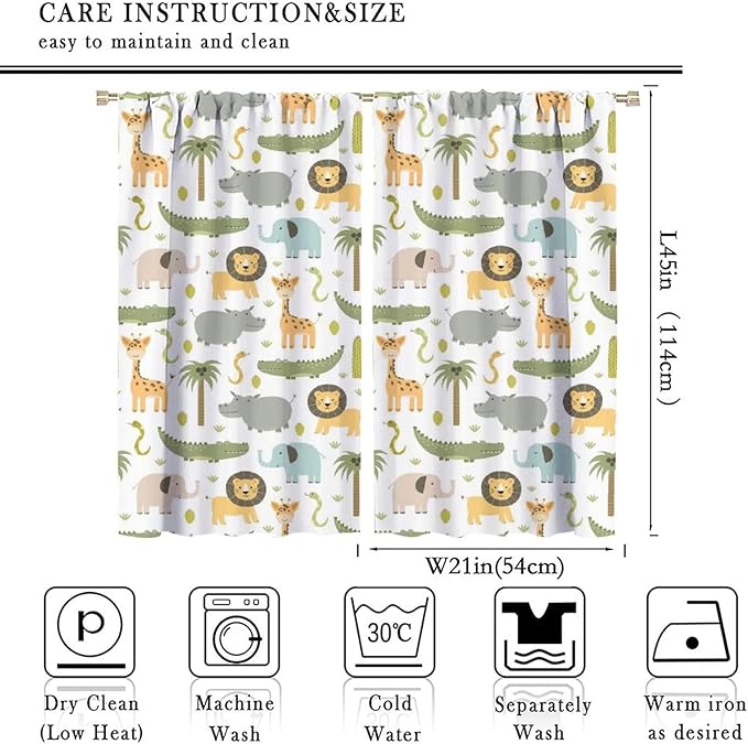 Nursery Safari Animals Window Curtains,Cartoon Woodland Jungle Forest Lion Elephant Giraffe Printed Pattern Blackout Drapes for Living Room Baby Boy Kids Bedroom 42x45 Inch