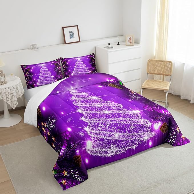 Feelyou Kids Merry Christmas Decorations Comforter Set, Kids Santa Tree Bedding Set King Size for Boys Girls Teens Xmas Christmas Bell Decor Comforter Glitter Purple Quilt Set