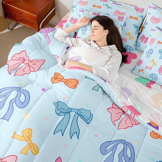 Cartoon Bowknot Kids Comforter King Size,Bow Tie Cute Princess 7 Pcs Bedding Set,Geometric Dot Silk Ribbon Patchwork Room Decor,Pink Blue Dreamy （Fitted+Sheet+2 Pillowcases+2 Throw Pillow Covers）