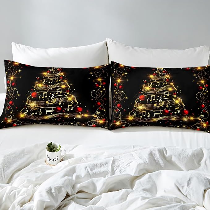 Christmas Tree Duvet Cover Set Full Size, Gold Musical Note Print Bedding Set 3pcs for Kids Boys Girls Bedroom Decor, New Year Theme Xmas Holidays Comforter Cover with 2 Pillowcases,No Comforter