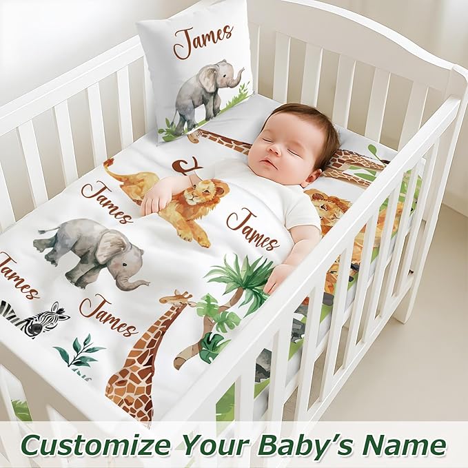Personalized Baby Crib Bedding Set,3 Piece Custom Name Nursery Set with Blanket, Fitted Sheet & Pillowcase for Baby Girls & Boys, Safari Animals Theme(Fixed Size)
