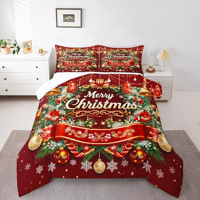 Merry Christmas Comforter Set King Size,Christmas Wreath Snowflake Duvet Insert for Kids Boys Girls Room Decor,Red Xmas Ball Glitter Bedding Set 3Pcs,Merry Christmas Theme Quilt Set,2 Pillowcases