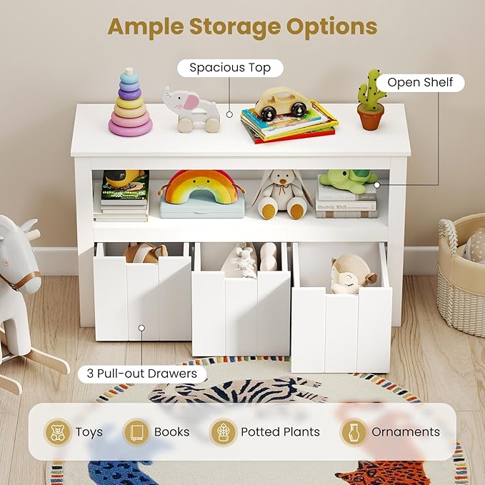Costzon Toy Storage Organizer w/Drawers, Wooden Toy Shelf with 3 Removable Drawers, Rolling Wheels & Large Open Shelf, 2 Shelf Toy Cupborad for Kids Room, Playroom, Kindergarten, Nursery (White)
