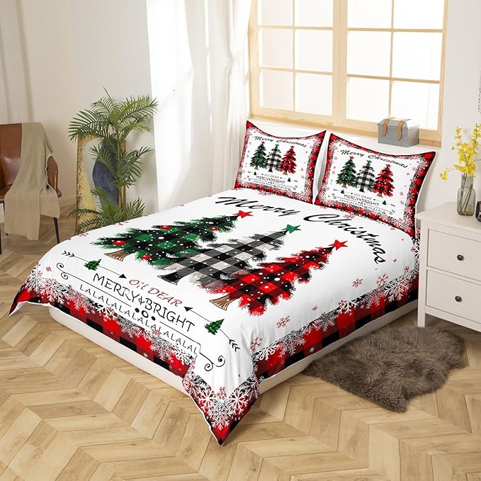 Manfei Xmas Tree Duvet Cover Set Full Size, Merry Christmas Comforter Cover with 2 Pillowcases, New Year Theme Plaid Print Bedding Set 3pcs for Kids Boys Girls Bedroom Decor,No Comforter