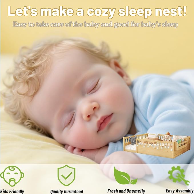 Twin Size Montessori Bed, Wood Twin Montessori Floor Bed with High Rails & Storage Shelf, Baby Floor Beds with LED Light for Boys & Girls, Natural