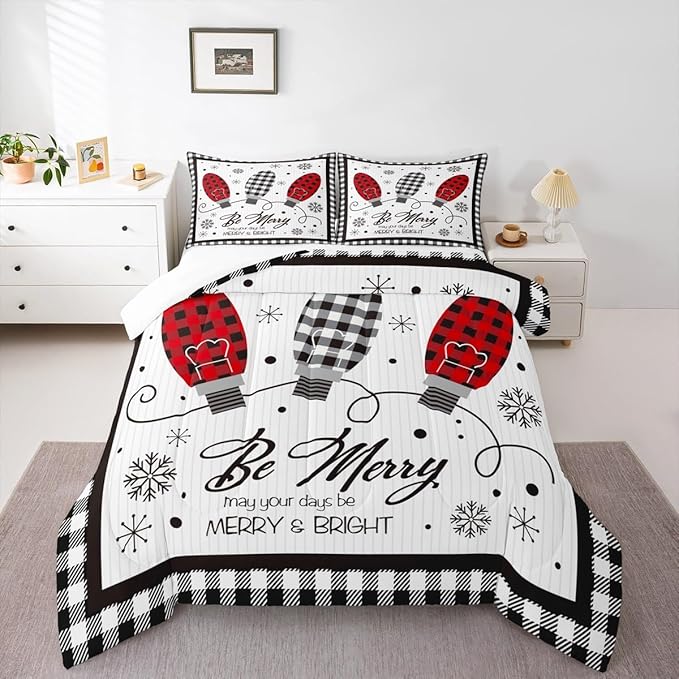 Merry Christmas Kids Comforter Set Twin Size,Geometric Grids Stylish Bedding,Girls Boys Adults Bedroom/Xmas Cabin Decor,Snowflake Bells Down Comforter,Rustic Farmhouse Duvet Insert,1 Pillowcase