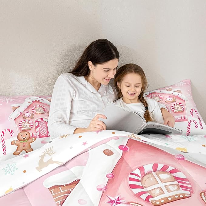 Feelyou Gingerbread Man Comforter Set King Size Gingerbread House Bedding Set for Kids Boys Girls Candy Canes Duvet Quilt Pink Christmas Scheme Bedroom Decor Snowflake 3 Pcs with 2 Pillow Cases
