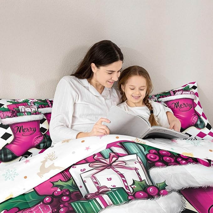Feelyou Merry Christmas Comforter Set All Season Cartoon Shoes Bedding Set with 2 Pillow Cases Microfiber Kids Full Bedclothes Winter Bedroom Decor Duvet Quilt Breathable Soft