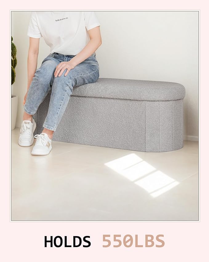 Storage Ottoman Bench, 43.3" Oval Upholstered Ottoman Foot Rest Foldable Boucle End of Bed Storage Bench for Living Room, Entryway, Grey