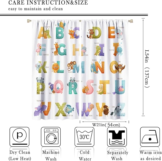 Kids Alphabet Curtains Educational Baby Cartoon Animals Colorful Cute Curtain with Rod Pocket for Nursery Living Room Home Decor Drapes Window Treatments 2 Panels Set 42x54 Inch