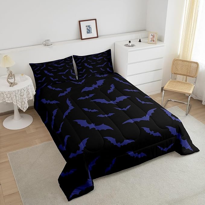Erosebridal Bat Comforter Set Toddler Size for Kids Boys Youth Halloween Decor Bedding Set Purple Bats Quilt Gothic Spooky Cartoon Down Comforter with 1 Pillow Case,Black