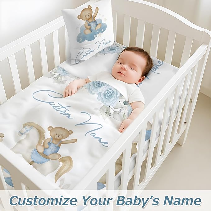 Personalized Baby Crib Bedding Set,3 Piece Custom Name Nursery Set with Blanket, Fitted Sheet & Pillowcase for Baby Girls & Boys,Nursery Friends Theme(Fixed Size)