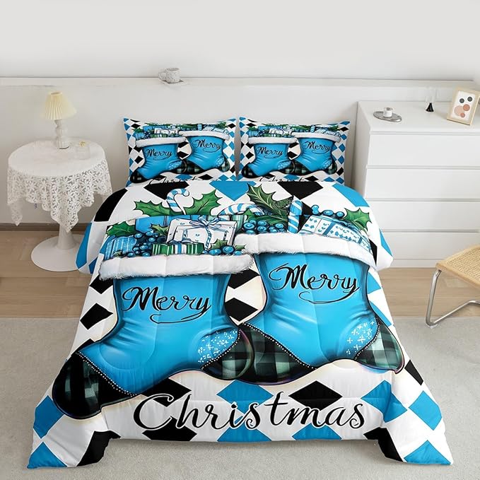 Feelyou Merry Christmas Kids Comforter Set Queen Size Cartoon Shoes Bedding Set Duvet Quilt for Kids Boys Girls Bedroom Winter Decor Microfiber Ultra Soft Breathable
