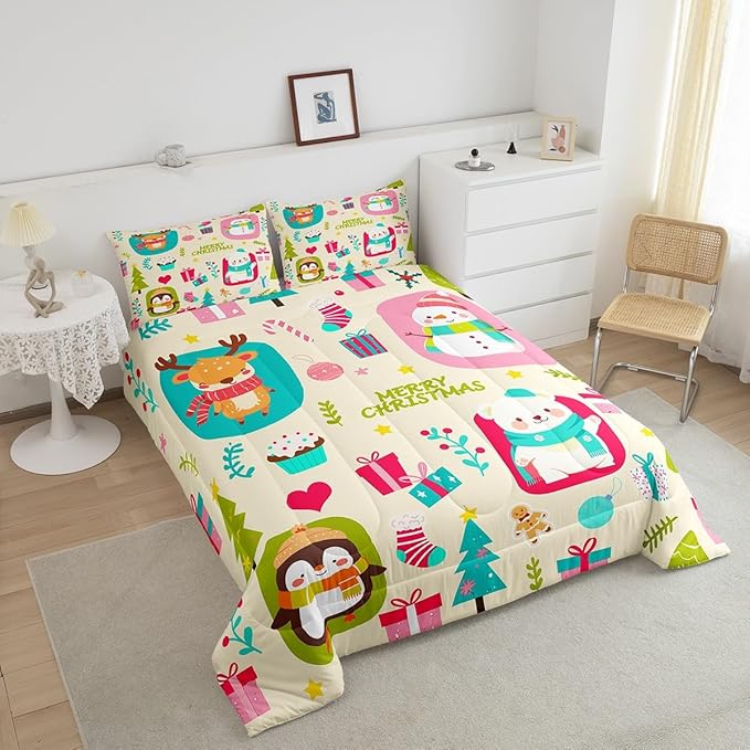 Erosebridal Merry Xmas Comforter Set Toddler Size Christmas Tree Quilt for Kids Boys Girls Cartoon Penguin Bear Bedding Set Cute Deer Elk Duvet Insert with 1 Pillow Case
