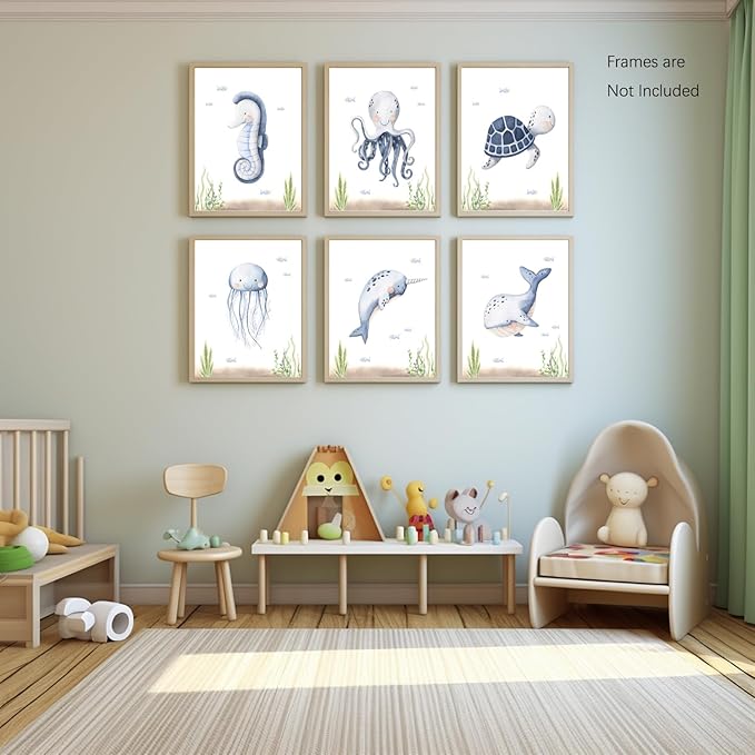 Wodkwq Nursery Wall Art Sea Animal Canvas Prints Baby Girl Boy Room Decor Watercolor Paintings Pictures Cute Ocean Theme Toddler Room Decoration Set of 6 for Kids Bedroom Bathroom 8x10in Unframed