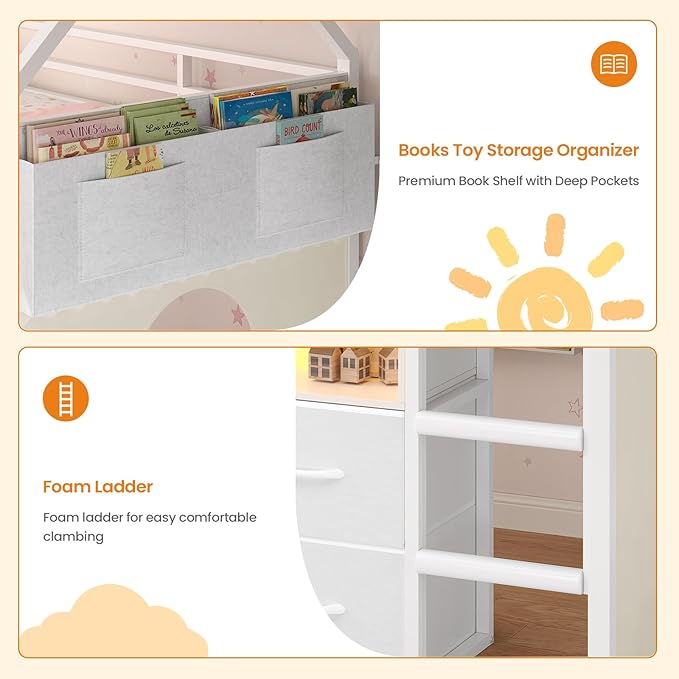 BTHFST Twin Size Loft Bed for Kids, 8 Storage Drawers & LED Lights, House Shaped Metal Bed with Bookcase, Soft Foam Ladder, 13.4" Safety Guardrail, Space Saving, Fun Curtain