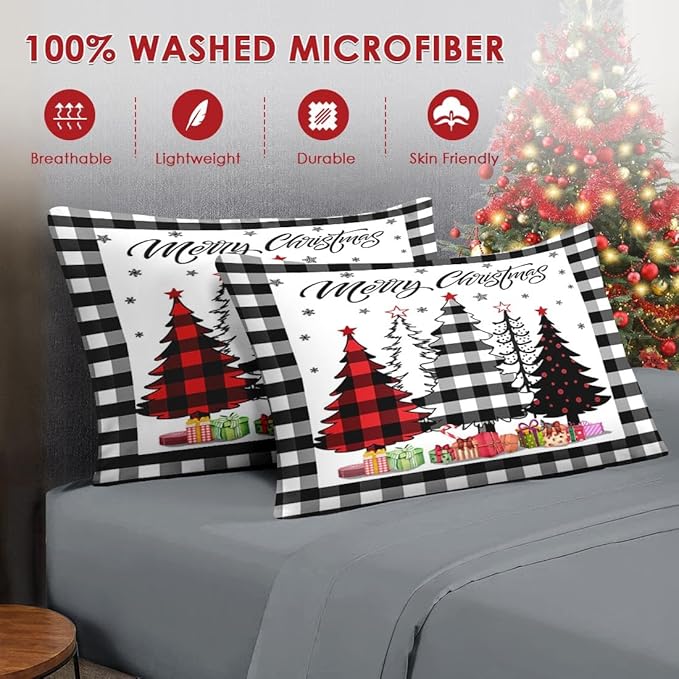 5 Pcs Twin Size Christmas Comforter Set with Pillowcase & Sham, Buffalo Check Plaid Tree Bedding for Kids and Adults, Winter Snowflake Bed in a Bag with Flat Fitted Sheet