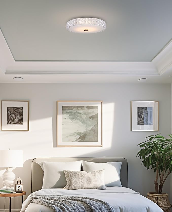 Kira Home Maxine 15" Modern Flush Mount Ceiling Light, Integrated 20W LED (120W eq.), Clear Crystal Style Shade + Round Glass Diffuser, 3000k Warm White Light, White Finish
