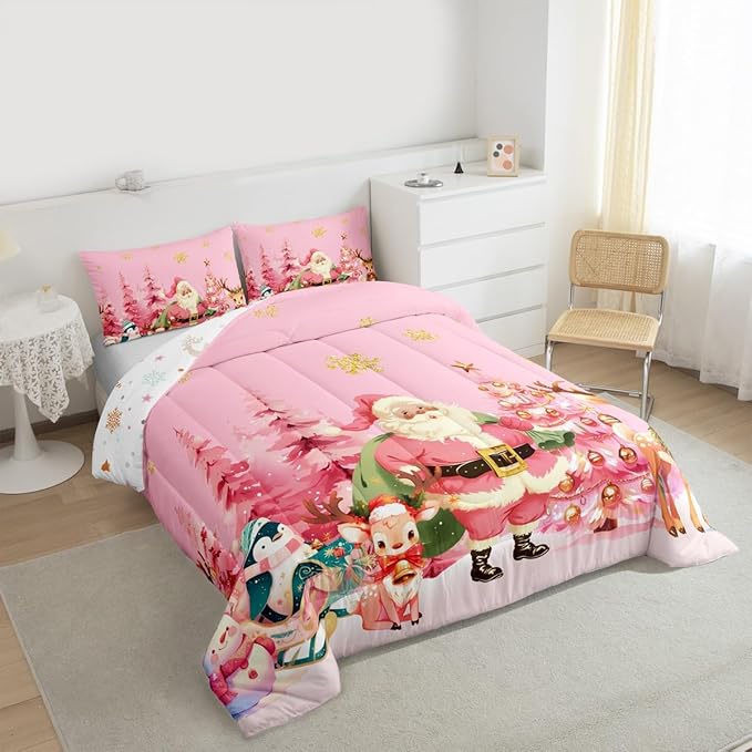 jejeloiu Merry Christmas Comforter Set Full Size Santa Claus Bedding Set for Kids Boys Girls Cute Deer Duvet Quilt Pink Bedroom Decor