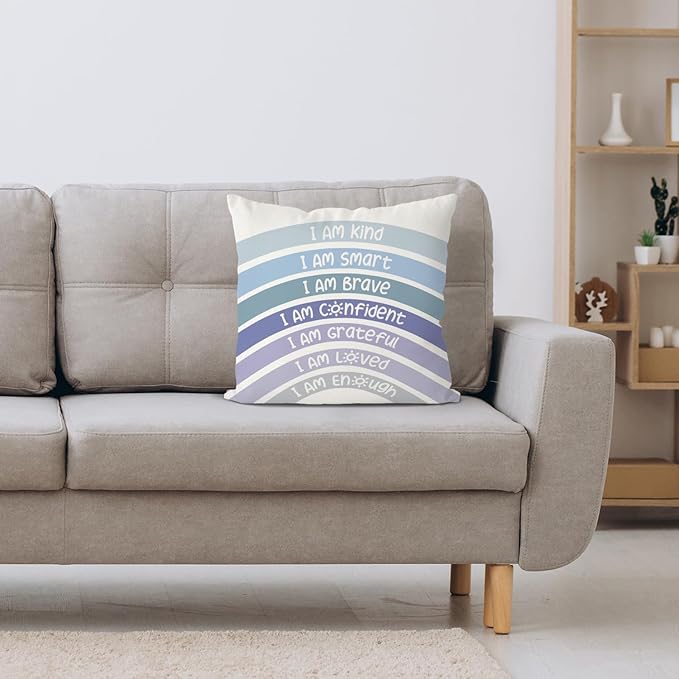 QIYUHOY Boho Rainbow Classroom Throw Pillow Covers, Book Center Calming Corner Playroom Decor Pillow Case, Blue Pillow Cover, I Am Kind Smart Brave Confidence 24x24 Inch Pillowcase(Blue)