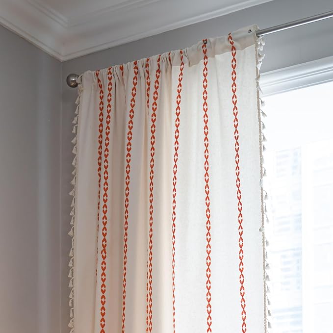 Deeprove Rust Orange Boho Curtains 63 inches Length for Living Room Bedroom Nursery, Vintage Chic Bohemian 63 inches Long Embroidery Farmhouse Tassel Privacy Window Treatments W52 x L63, 1 Panel