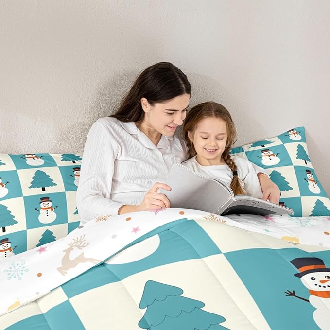 Feelyou Merry Christmas Comforter Set All Season Snowman Bedding Set with 2 Pillow Cases Xmas Tree Microfiber Kids King Bedclothes Bedroom Decor Duvet Quilt Breathable Soft Lightweight