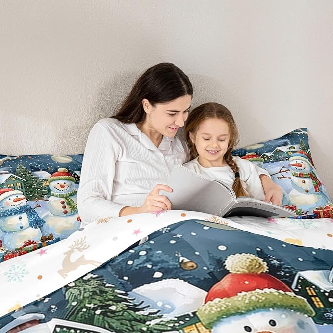 jejeloiu Kids Snowman Comforter Set King Size Countryside Christmas Theme Bedding Set for Boys Girls Teens Xmas Tree Snowflake Winter Happy New Year Duvet Quilt Room Decor