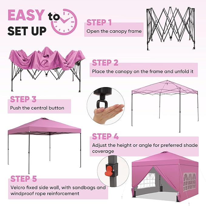 GDY 12x12 Pop Up Canopy Tent with 4 Sidewalls, Easy Set up with One Push Lift Outdoor Silver Coated Beach Gazebos, Carpas for Pool, Events, Parties, and Camping, Pink.