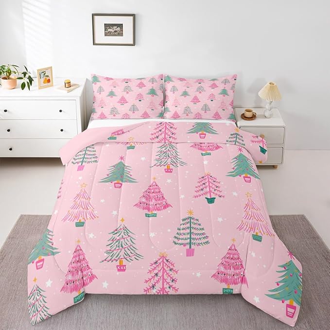 Feelyou Xmas Comforter Set Toddler Size Christmas Tree Bedding Set for Kids Boys Girls Christmas Decor Duvet Quilt New Year Gift Bedroom Decor Microfiber 2 Pcs with 1 Pillow Cases
