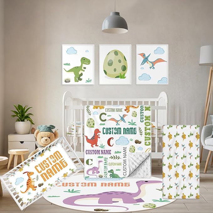 Personalized Baby Bedding Set, 5 Pcs Custom Baby Crib Sets with Name, Dino Toddler Bedding Set for Baby Boys Girls, Double Layer Flannel Nursery Bedding Set, Customized Gifts for Kids Infants