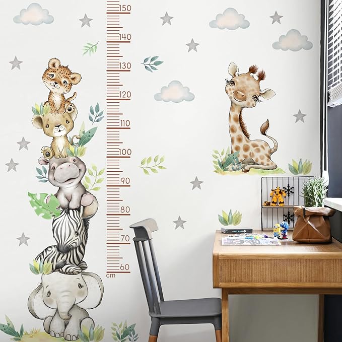 Jungle Animals Height Chart Sticker for Kids Height Measurement Growth Chart Wall Decals Cartoon Animals Giraffe Elephant Height Measurement Ruler Wall Decor for Kids Baby Bedroom Classroom Decoration