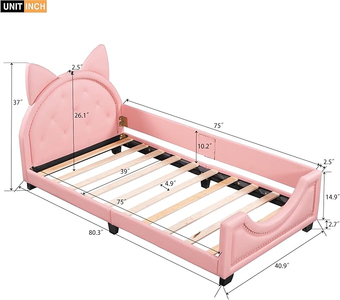 Merax Cute Twin Daybed Frame for Kids with Carton Ears Shaped Headboard, PU Leather Sturdy Kids Daybed Upholstered Twin Beds for Girls, Sofa Bed Low Profile Single Bed, Pink