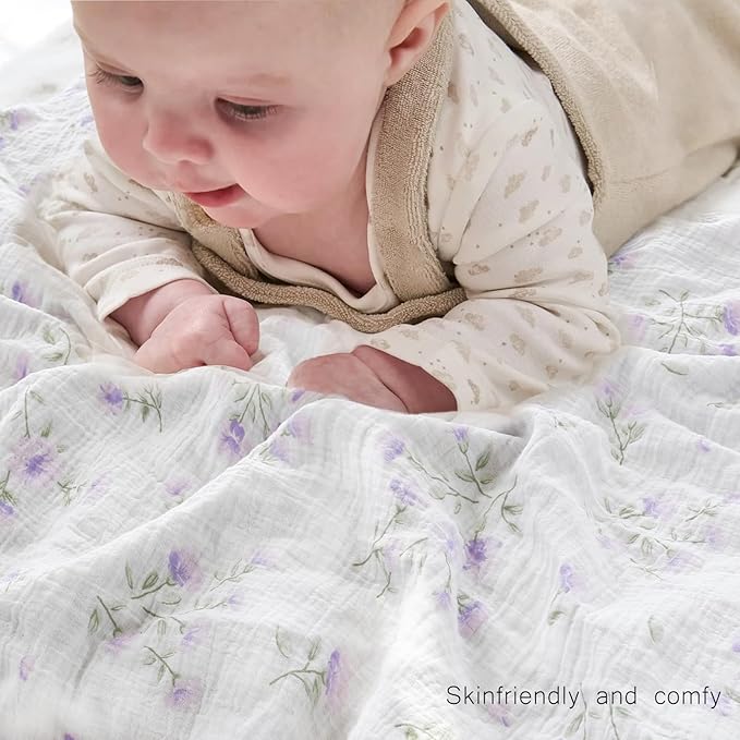 BOPRIO Baby Blankets for Unisex Boys Girls Super Soft Nursery Minky Blankets with Breathable Muslin Cotton Front and 3D Touch Dotted Fleece Backing, Floral Printed Bed Throws Newborn 30 x 40 Inch