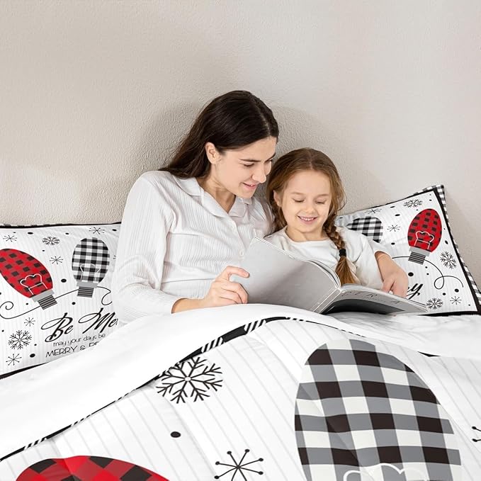 Merry Christmas Kids Comforter Set King Size,Geometric Grids Stylish Bedding,Girls Boys Adults Bedroom/Xmas Cabin Decor,Snowflake Bells Down Comforter,Rustic Farmhouse Duvet Insert,2 Pillowcases