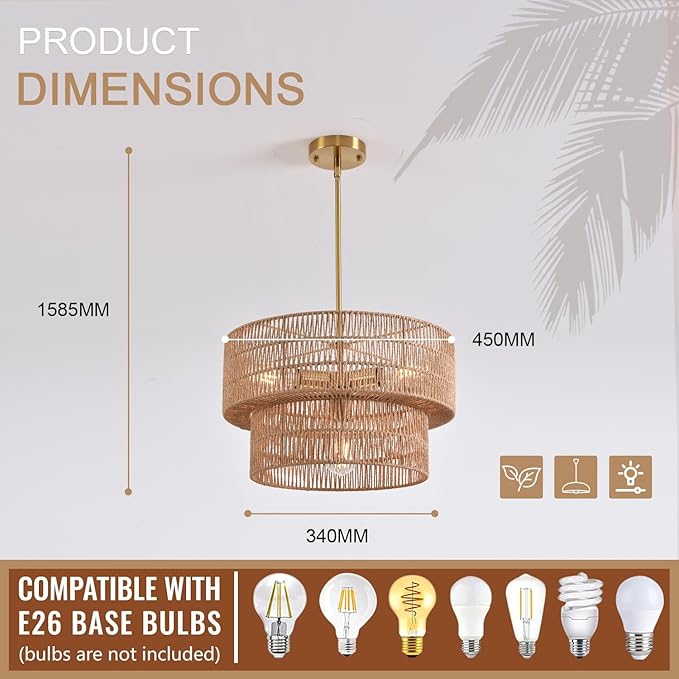 17.72" 4-Light Boho Chandelier Rattan Light Fixture Hand Woven Farmhouse Chandelier for Dining Room Ceiling Hanging Pendant Light for Kitchen Island Lighting