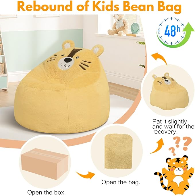 COMAX Bean Bag Chairs for Kids, Toddler BeanBag Sofa with Filler Bean Couch Stuffed for Boys and Girls, Lazy Floor Chair for Playroom, Nursery Room, Tiger