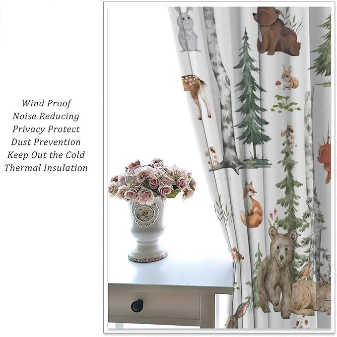 Animal Kids Curtains, Woodland Squirrel Rabbit Bear Animal Friends Forest Curtains for Boys and Girls Bedroom Living Room Kitchen 42x63in