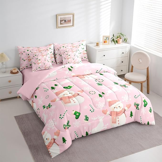 Feelyou Pink Christmas Comforter Set Queen Size 7 Pieces Cartoon Deer Snowman Bedding Set for Kids Boys Girls New Year Pink Bed in a Bag Reversible Xmas Decor Bedroom Quilted Breathable Soft