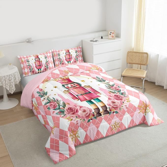 Feelyou Christmas Comforter Set Toddler Size Pink Nutcrackers Bedding Set for Kids Boys Girls Rhombus Pattern Duvet Quilt Floral Bedroom Decor Snowflake Microfiber 2 Pcs with 1 Pillow Cases